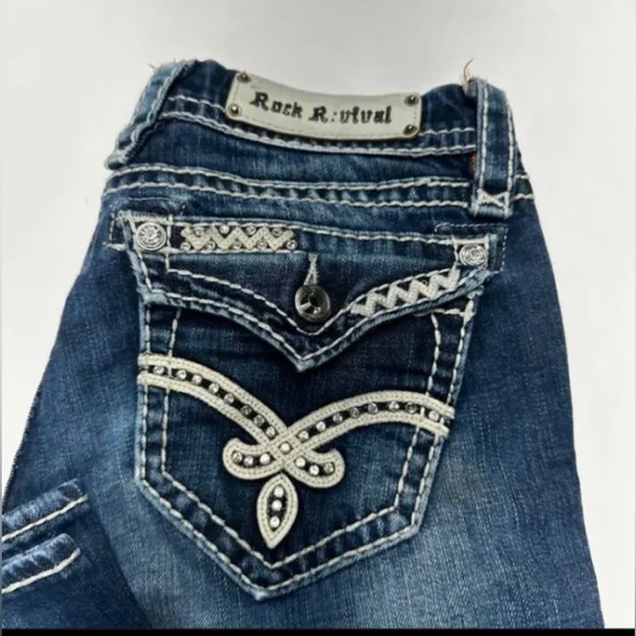 ROCK REVIVAL ELAINA Skinny Jeans Low Rise 28/31 Dark Wash Rhinestone Flip Pocket - Picture 9 of 17
